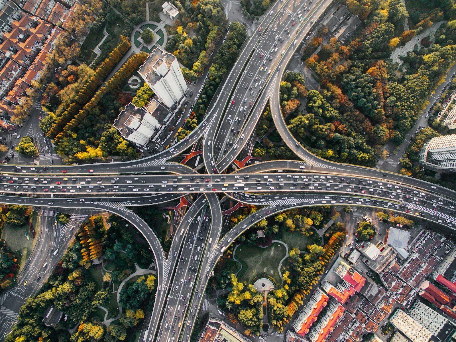 Aerial view of a multi-level highway interchange